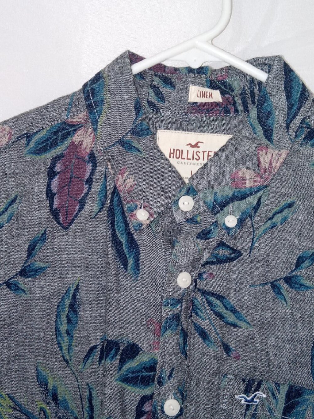 Hollister Linen Camp Shirt Mens L Gray Floral Collar Short Sleeve Preppy Coastal - Picture 4 of 11